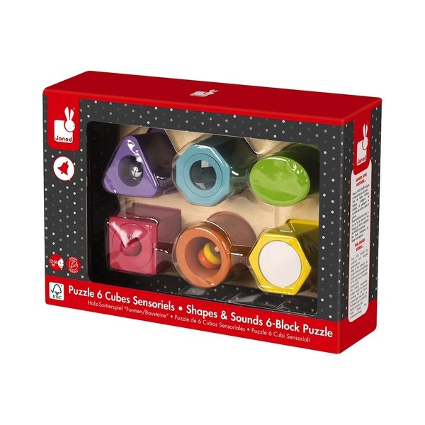 Janod I Wood - Shapes and Sounds 6 Block Puzzle - Ages 12 Months+ - J05332 One Size